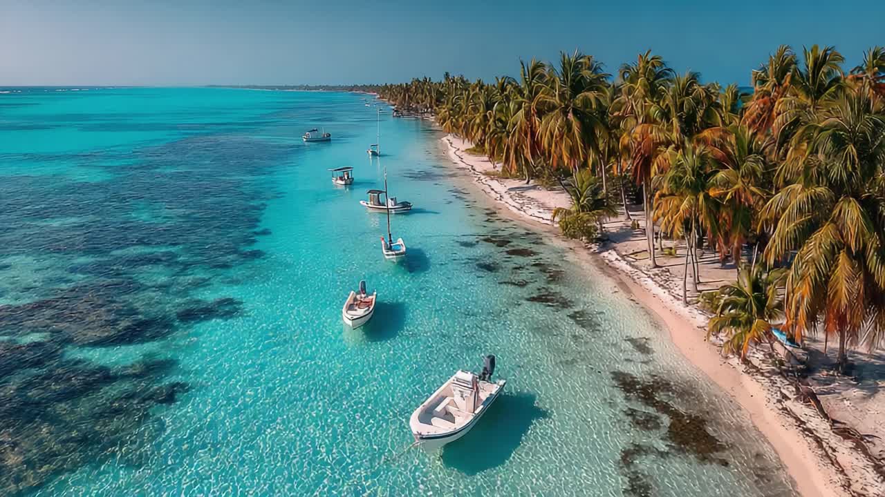 Vista aerea mozzafiato di un'isola paradisiaca e serena con acque turchesi cristalline, palme lussureggianti e barche idilliache che galleggiano lungo la costa