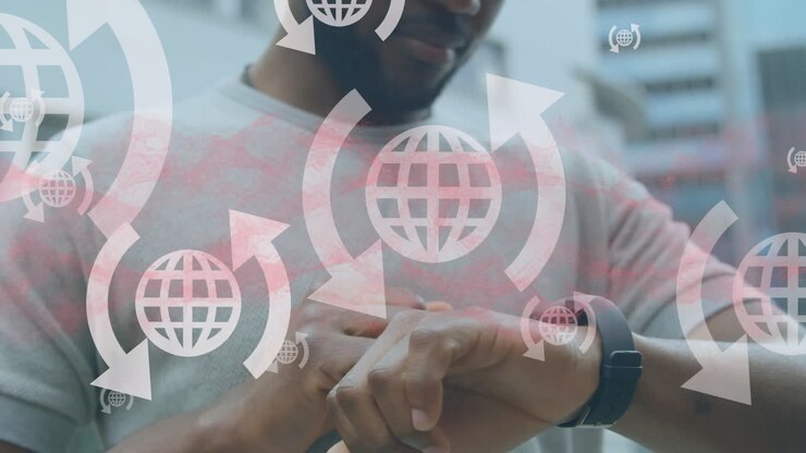 Animation of data processing with icons over african american man checking smartwatch
