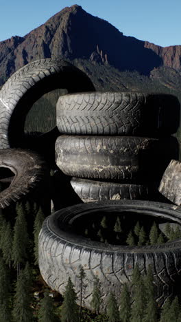 old tires stacked in the forest with a mountain in the background