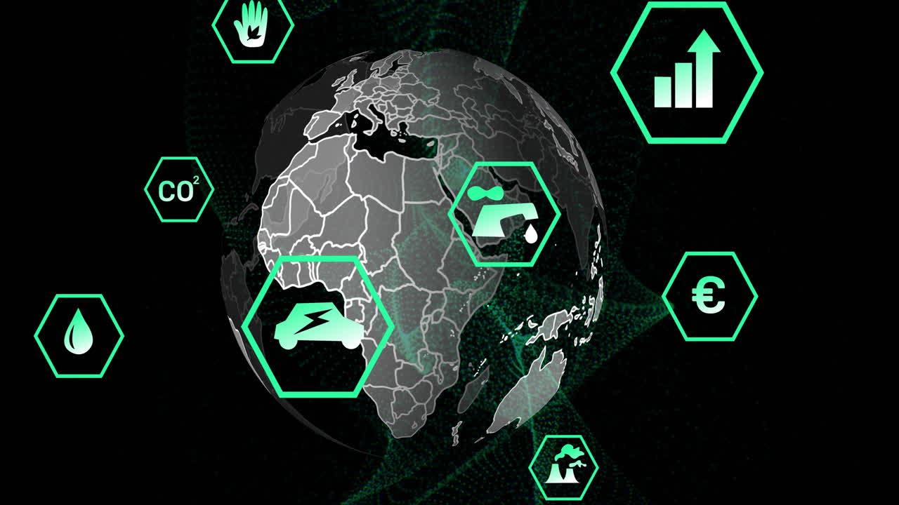 глобальные данные окружающей среды и энергетические значки анимация над вращающейся землей