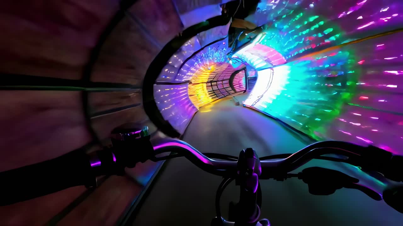 First person view of a cyclist riding through a vibrant, illuminated tunnel, experiencing a mesmerizing display of changing lights and colors