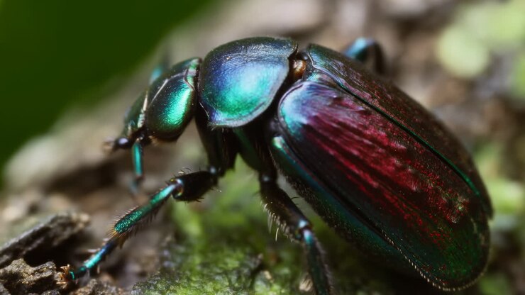 Primo piano macro di scarabeo iridescente su legno muschioso