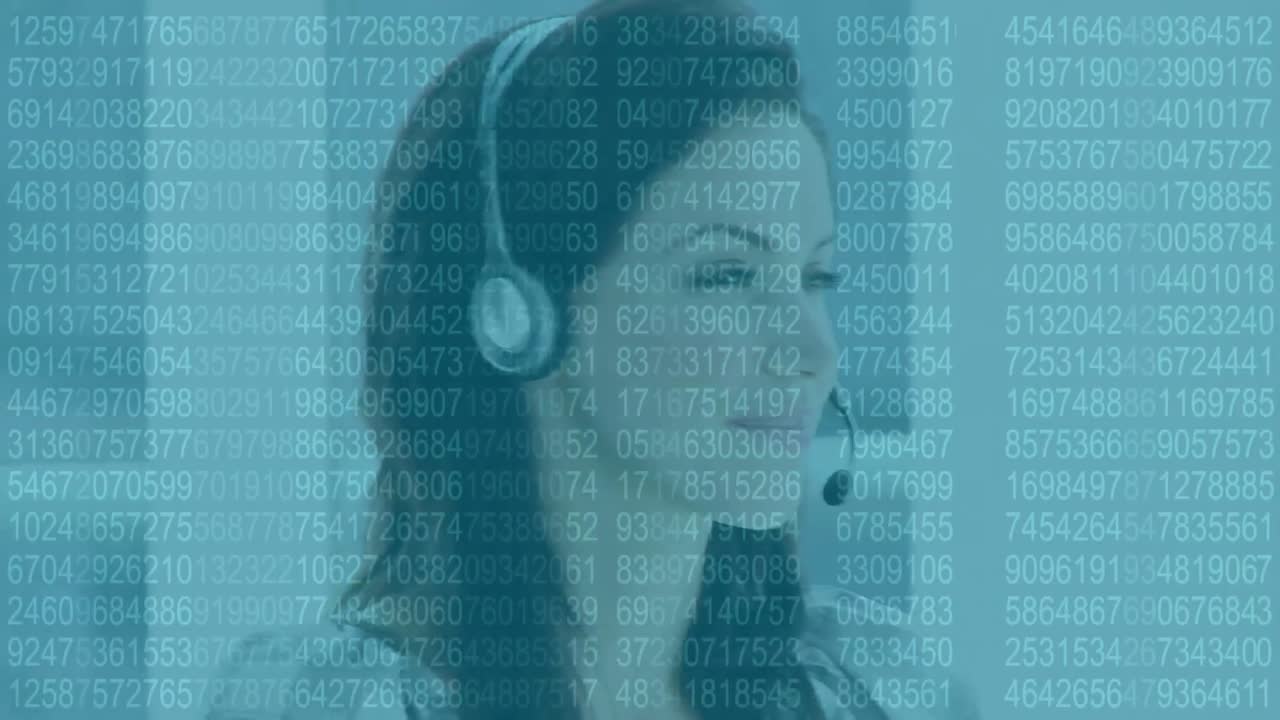 Animation of data processing over caucasian woman using phone headset working in call center