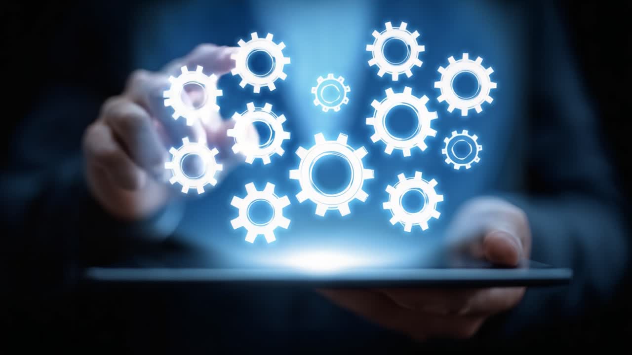 Exploring Digital Transformation: A Hand Interacting with Virtual Gears Representing Innovation and Automation in Technology on a Tablet