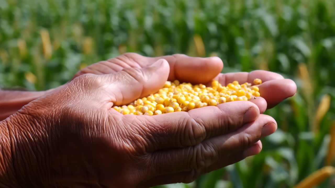 Hands holding seeds in a corn field