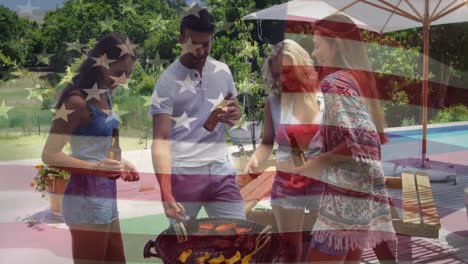 Animation-of-american-flag,-caucasian-man-placing-puzzle,-diverse-friends-talking-holding-drinks