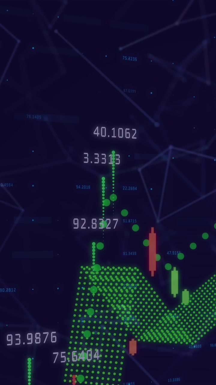 Animação digital de processamento de dados financeiros e rede de conexões em fundo azul.