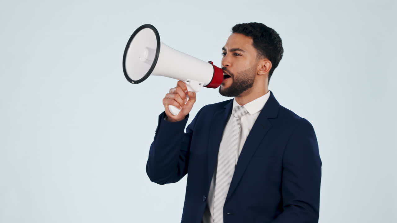 Megaphone, news and business man in studio
