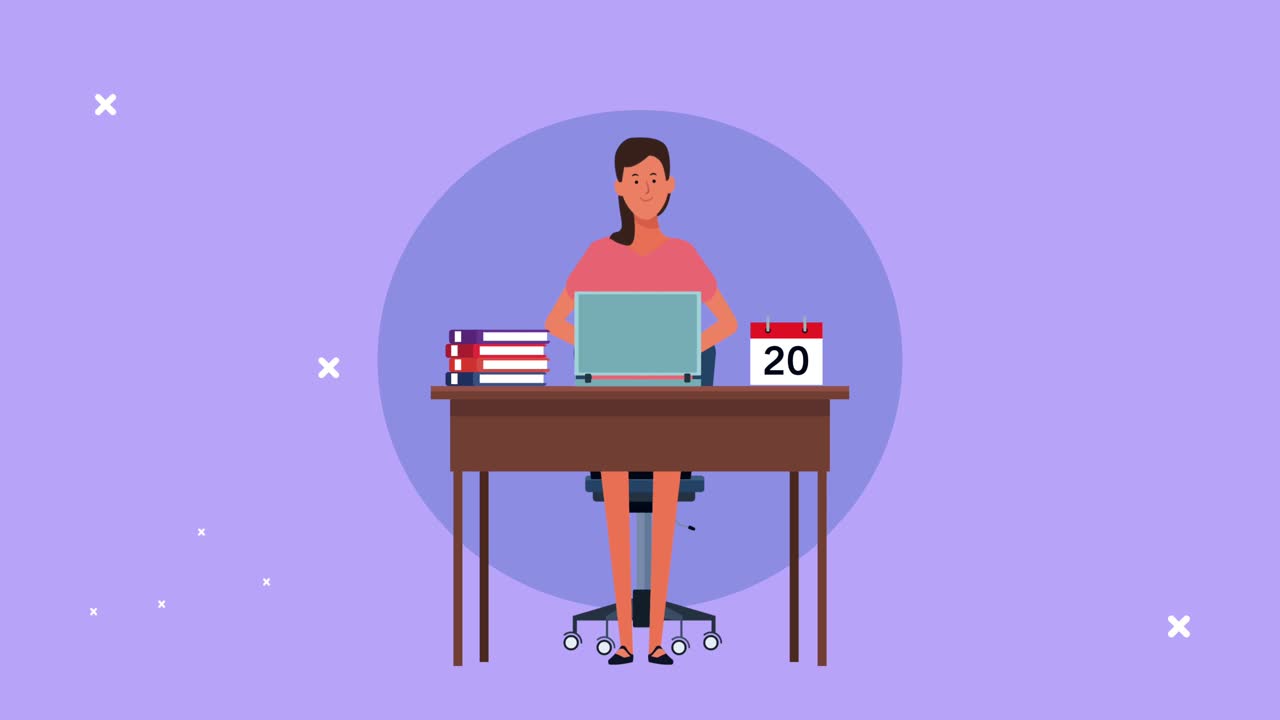 elegant businesswoman seated in desk working in laptop with calendar animation