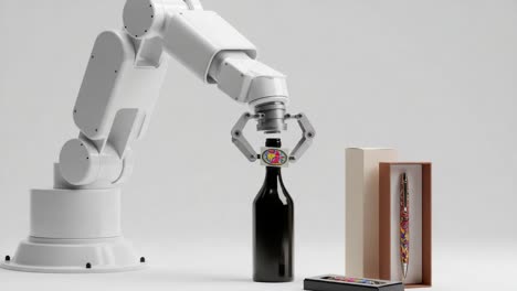 automated robotic arm engaging with bottles and packaging in a controlled environment: showcasing precision in modern robotics and automation technology