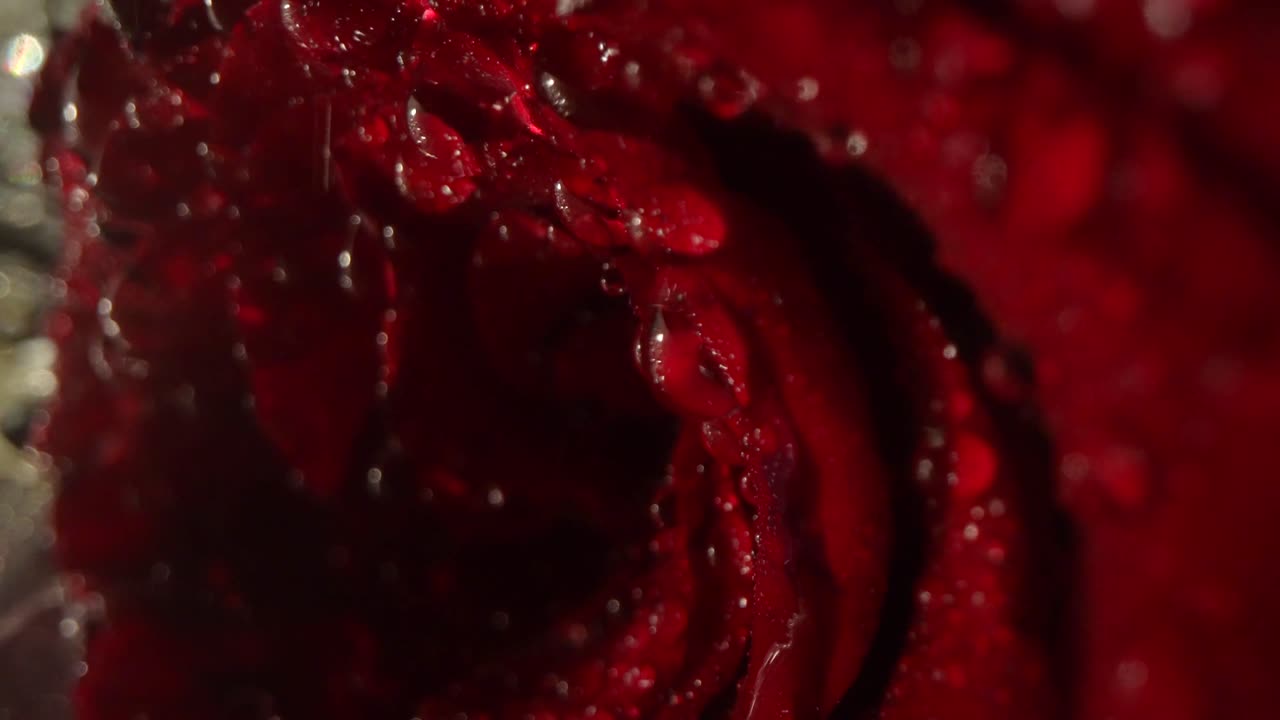 Close Up Shot Of Water Droplets On The Petals Of A Red Rose, Wet From Rainfall.