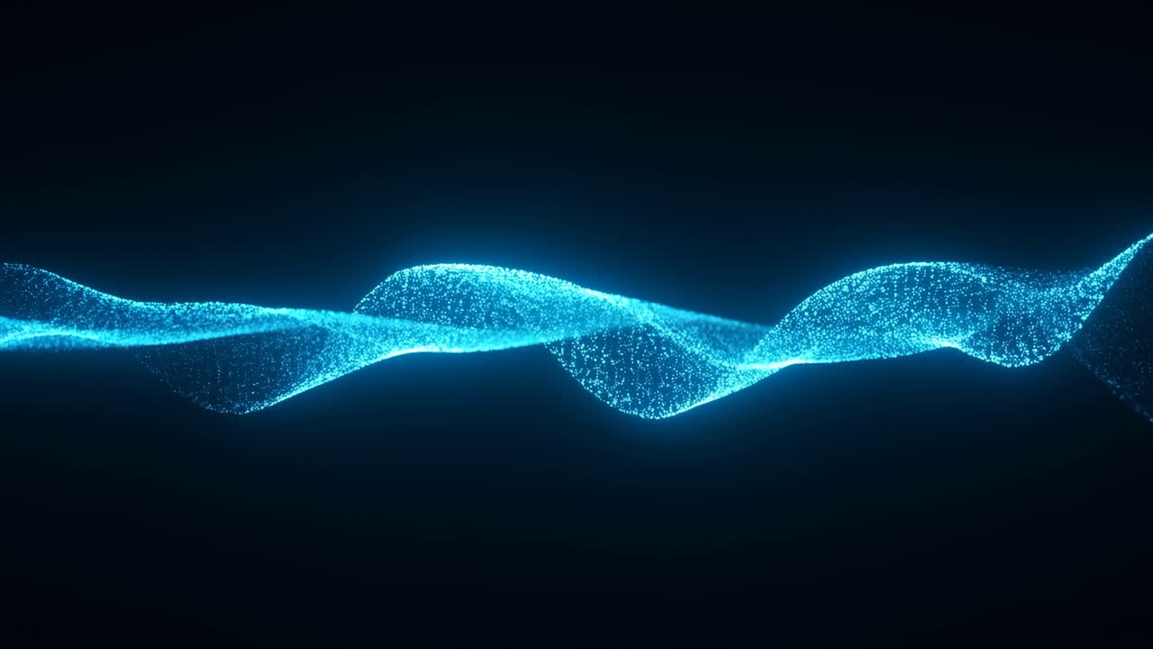 Blue Particle Wave Moving Across Screen Formed By Shimmering Data Points And Flowing Lines, Evoking Audio