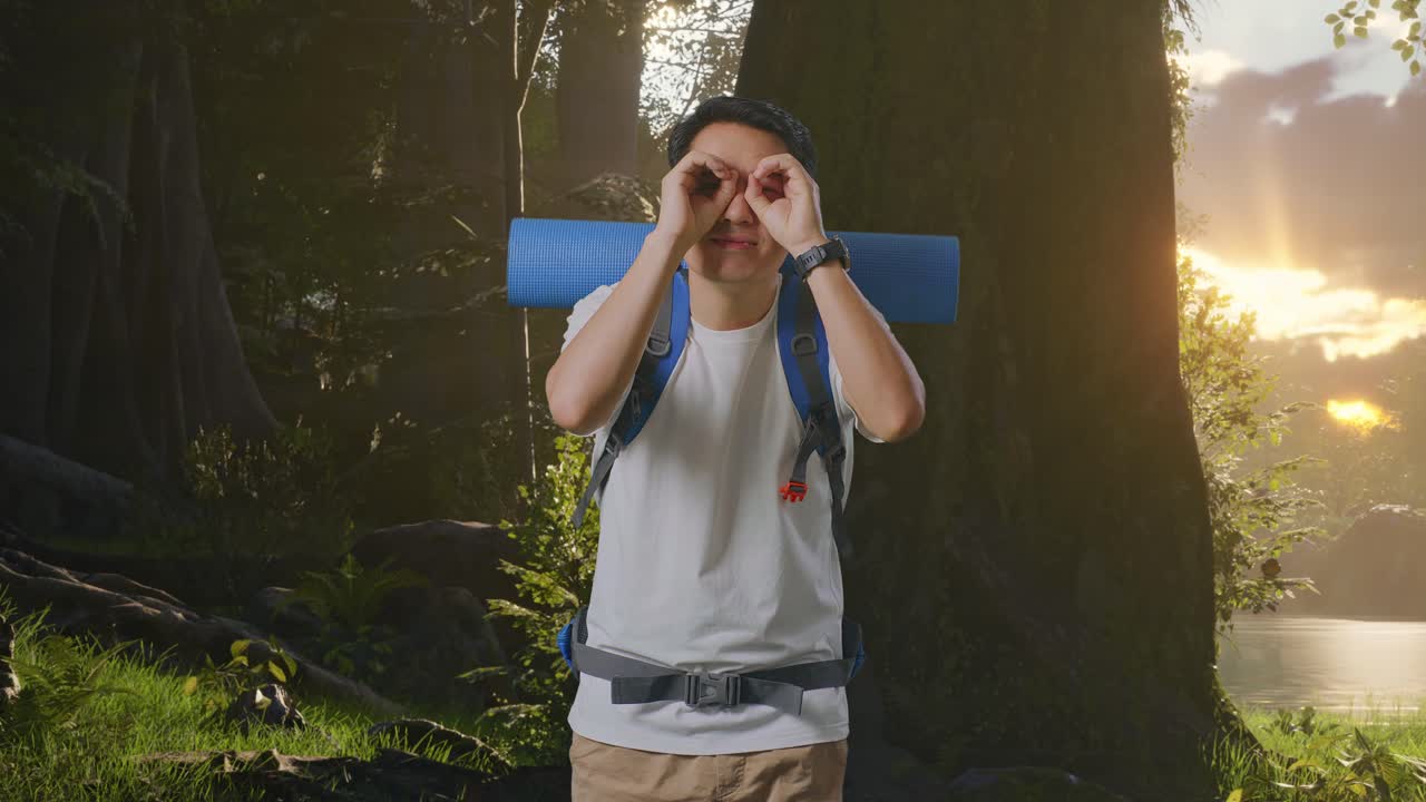 해가 뜨면 숲에서 산책하는 남자