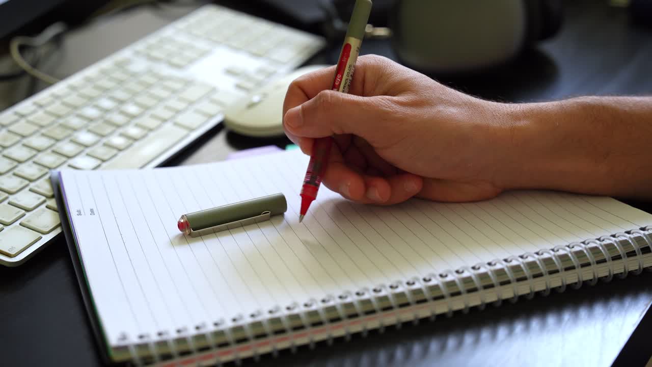Close-up shot of a hand spinning a pen thoughtfully over an open notebook next to a keyboard, symbolizing creativity, brainstorming, and productivity