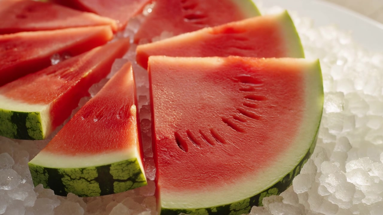 Fette di anguria refrigerate su ghiaccio tritato, polpa rossa vivace che luccica contro la buccia verde, disposte su sfondo bianco