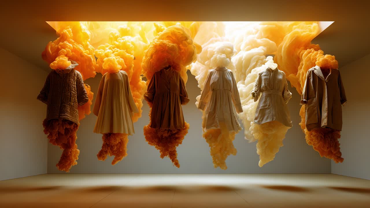 A Stunning Display of Ethereal Garments Emerging from Vibrant Smoke, Showcasing the Fusion of Fashion and Art in a Dreamlike Environment that Captivates the Imagination and Elevates Style