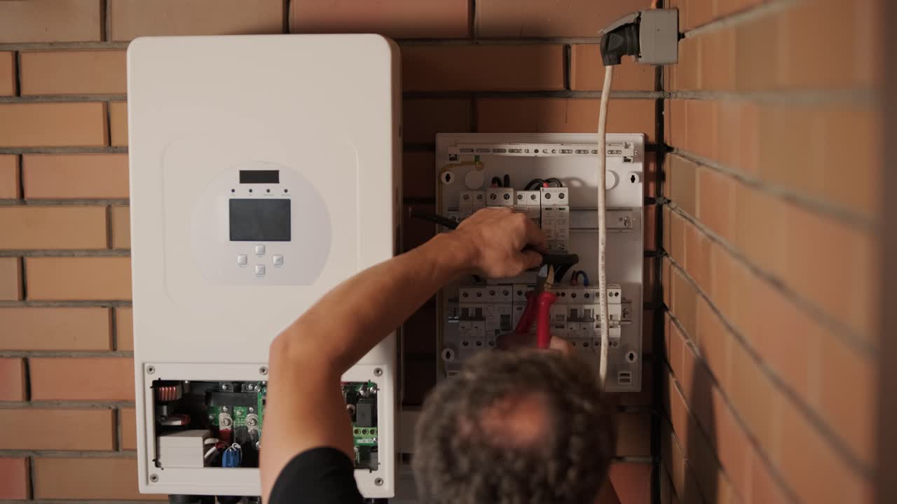 An electrician installing an inverter in a home. The image shows technical skill, modern tools, and attention to safety in electrical work