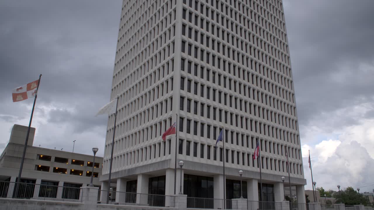 Cloudy - stormy day in Jackson, MS Mississippi. Wide shot Walter Sillers Building