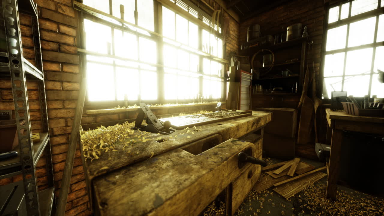 Workshop with sunlight illuminating tools and wooden bench at dusk