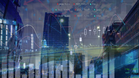 animation of financial data processing over cityscape