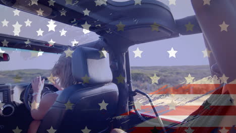 Animation-of-flag-of-usa-over-caucasian-woman-driving-car-on-beach