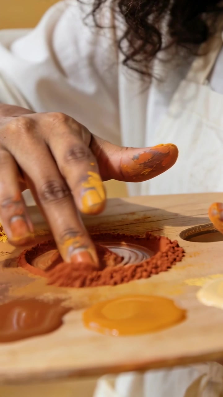Vertical video: Pressing finger, artist mixing pigment on palette in studio, preparing paint, shirt