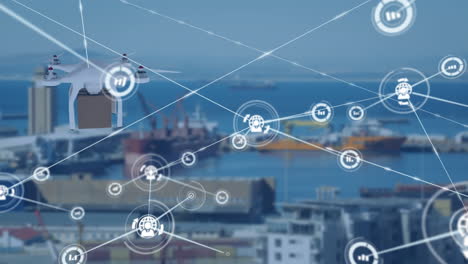 animation of network of connections with icons over drone carrying parcel