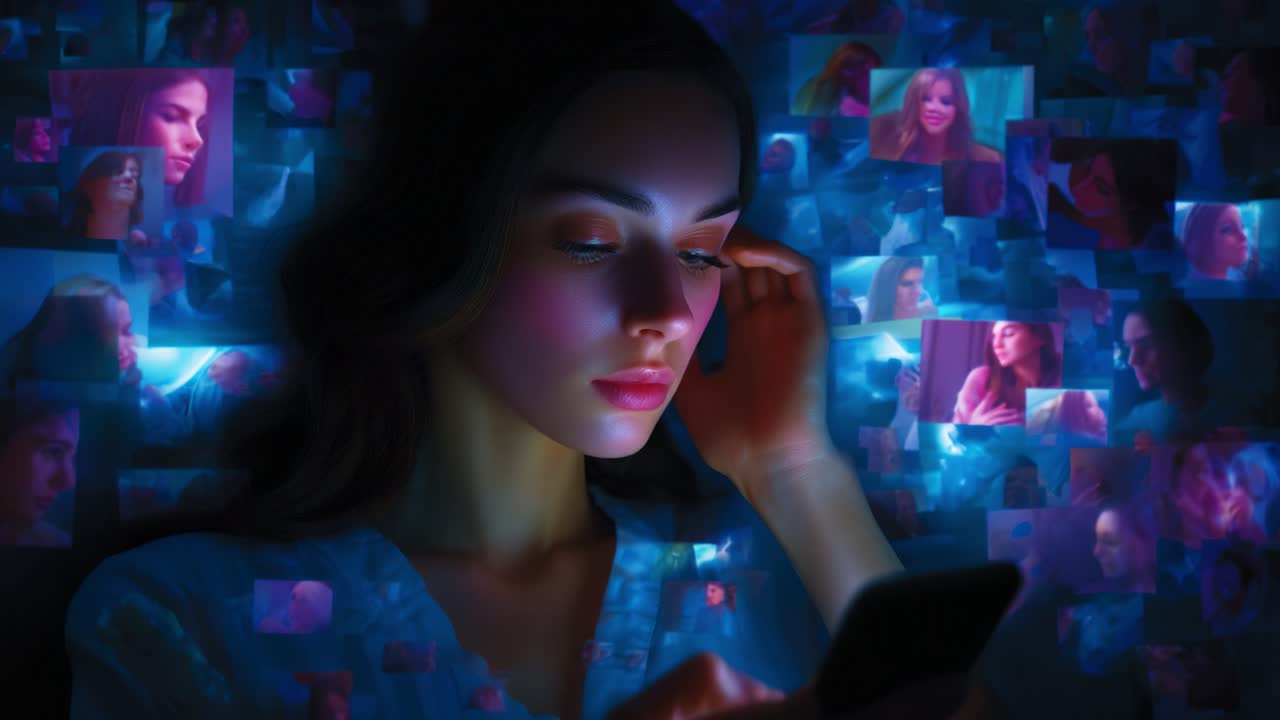 A contemplative young woman gazes intently at her smartphone while surrounded by a swirling mosaic of digital images, representing memories and connections of her past, illuminated in a blue and purple glow