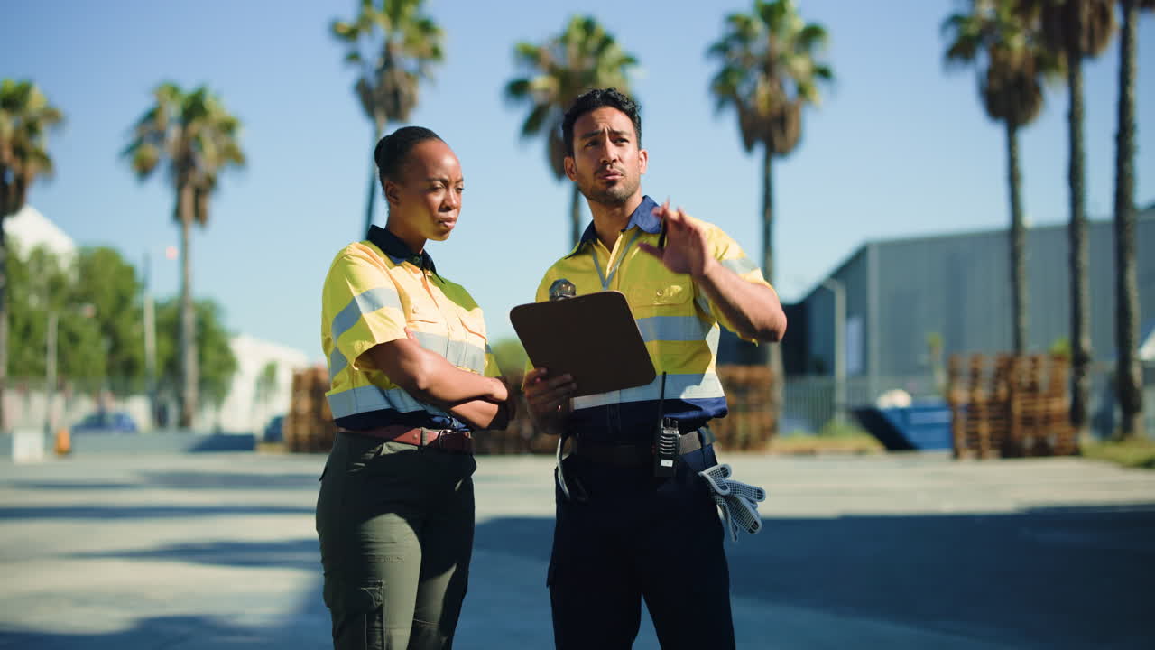 Industriarbejdere gennemser dokumenter og diskuterer på arbejdspladsen.