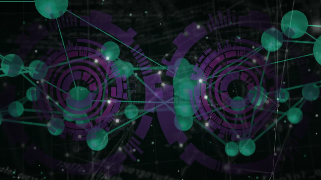 Green and purple geometric patterns and connections in futuristic digital animation