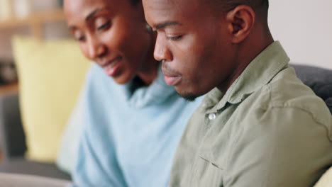Black-couple,-tablet-and-online-shopping-in-house