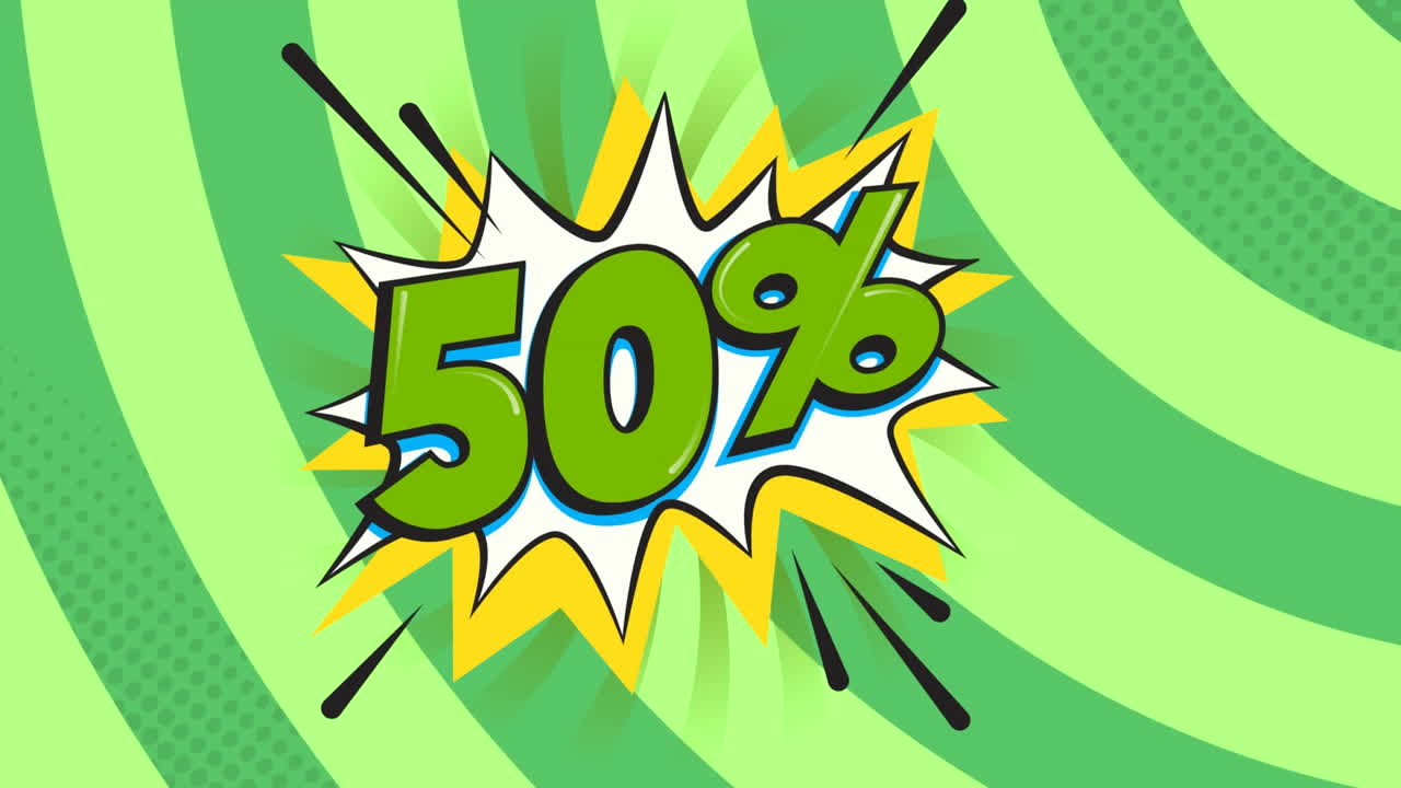 녹색 원 배경에 50% 판매 텍스트의 애니메이션