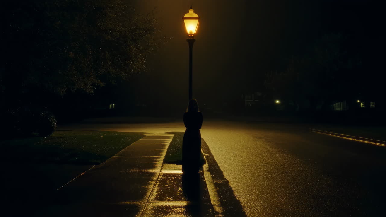 Silhouette of a Woman Standing Under a Lamppost at Night