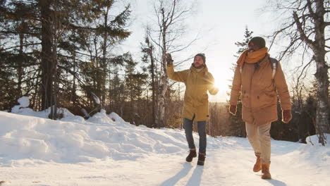 friends hiking in winter wonderland