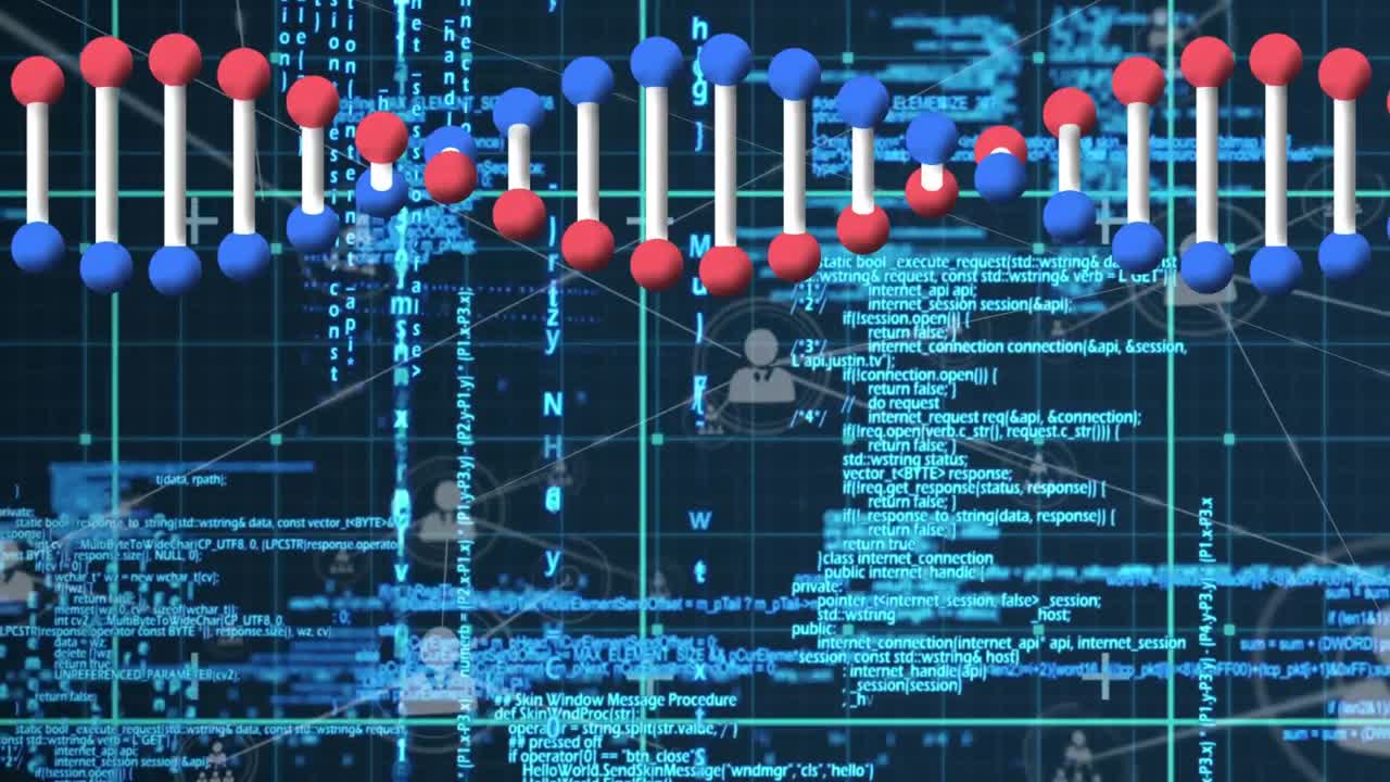 Animation of data processing with networks of connections and dna strand