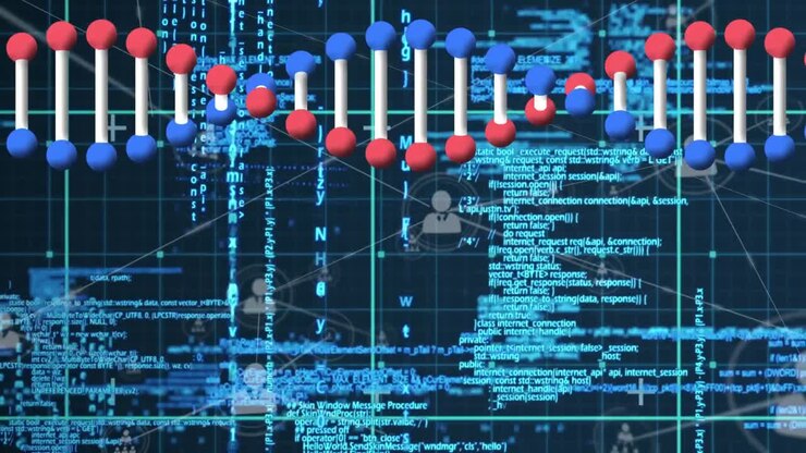 Animation of data processing with networks of connections and dna strand