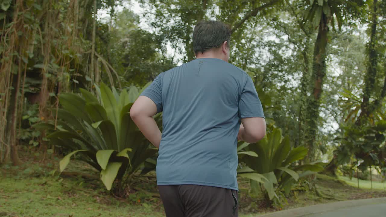 un hombre gordo asiático malayo corriendo por su salud en el jardín del lago, retroceso de ángulo bajo