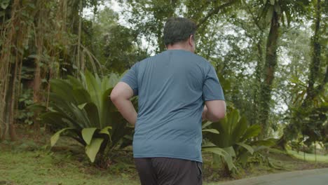 Un-Hombre-Malayo-Asiático-Gordo-Corriendo-Por-Su-Salud-En-El-Jardín-Del-Lago,-Tiro-De-ángulo-Bajo