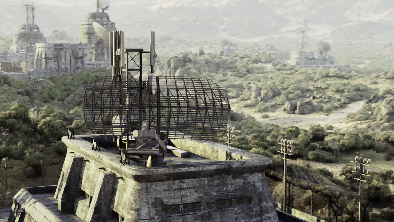 Detailed view of a futuristic control center in a rocky landscape