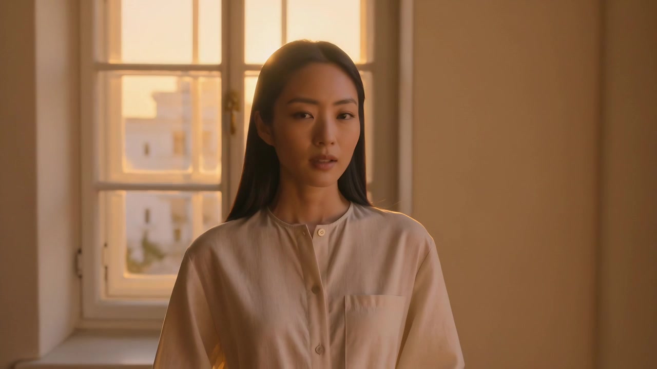 一位穿着衬衫的亚洲女性站在工作室里，面向镜头拍摄，阳光透过格子窗射入，形成耀眼的光斑。