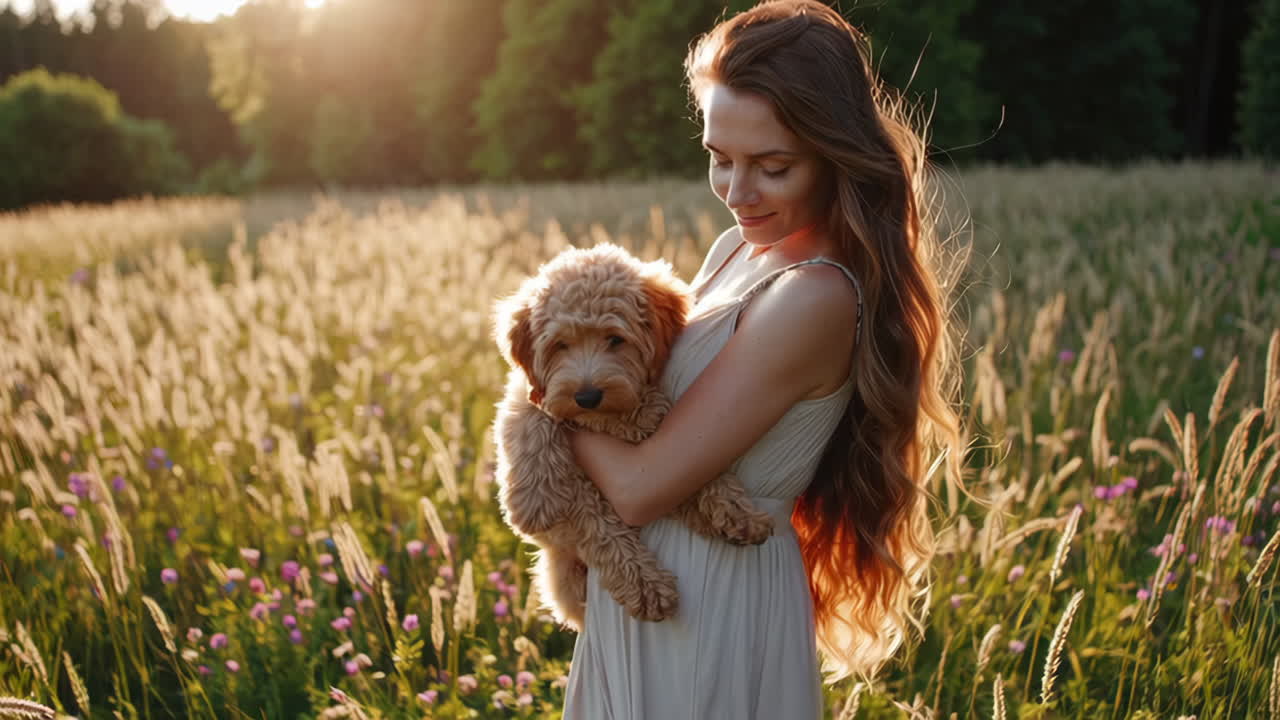 Woman holding her puppy in a sunlit meadow