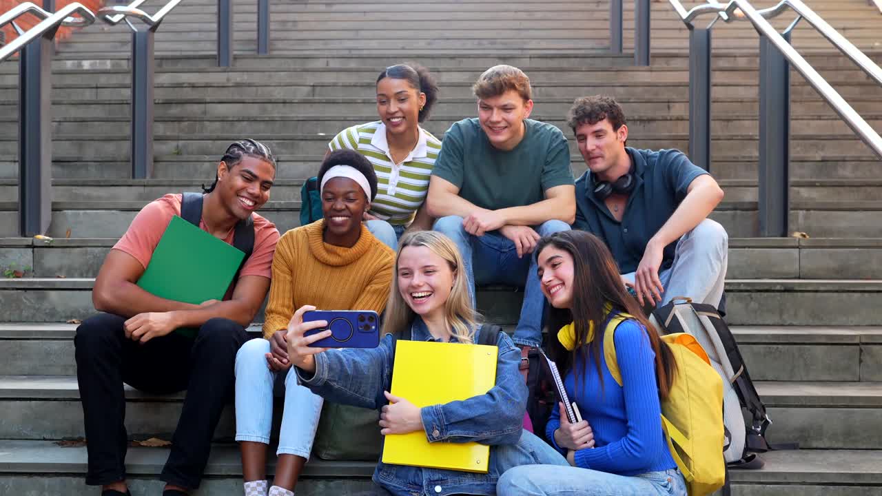 Group of students taking a selfie on stairs