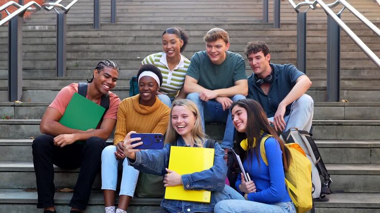 Group of students taking a selfie on stairs