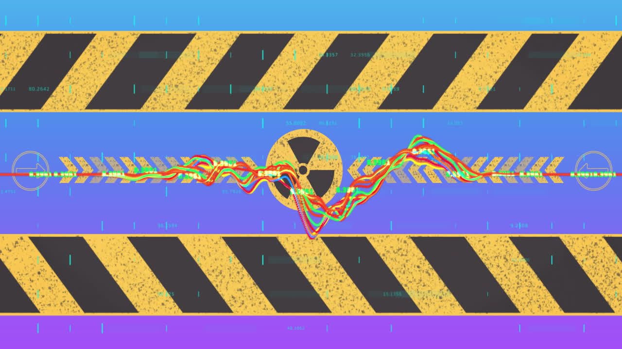 Radiation warning symbol with colorful waveforms over caution stripes animation