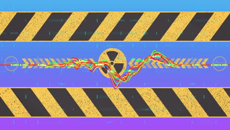 radiation warning symbol with colorful waveforms over caution stripes animation