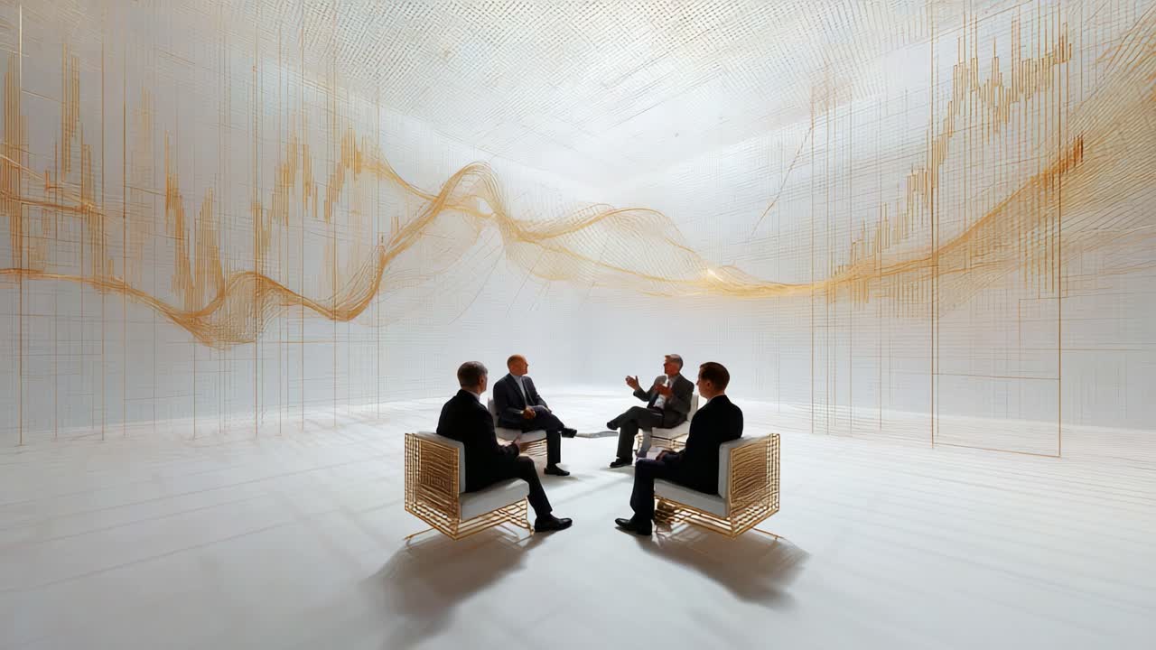 A Dynamic Business Discussion: Professionals Engaged in Meaningful Dialogue within an Artistic, Data-Inspired Environment Reflecting Market Trends and Analytics