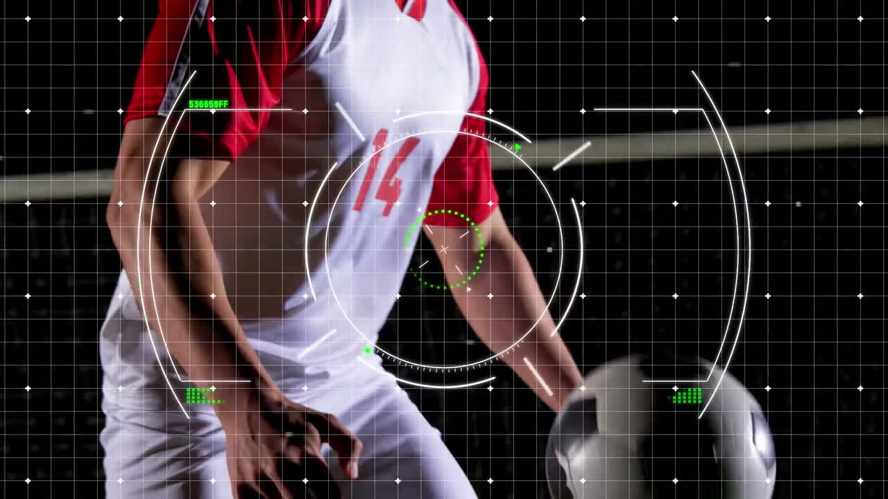 축구 선수 위에 회전하는 안전 잠금과 함께 디지털 인터페이스의 애니메이션