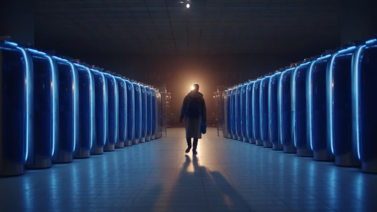 A solitary figure walks through an eerie corridor lined with illuminated blue containers, creating an intriguing contrast against the dimly lit backdrop, evoking mystery and curiosity