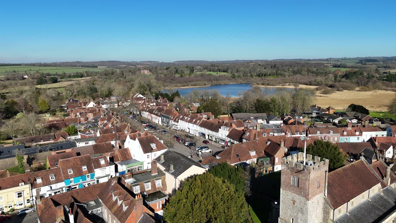 Alresford Market Town Hampshire UK pull back drone aerial reverse reveal
