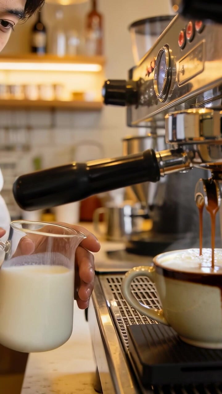 Video verticale: Ripresa all'indietro, barista che versa il latte alla macchina da caffè espresso, mentre prepara un latte macchiato, spazio per il testo